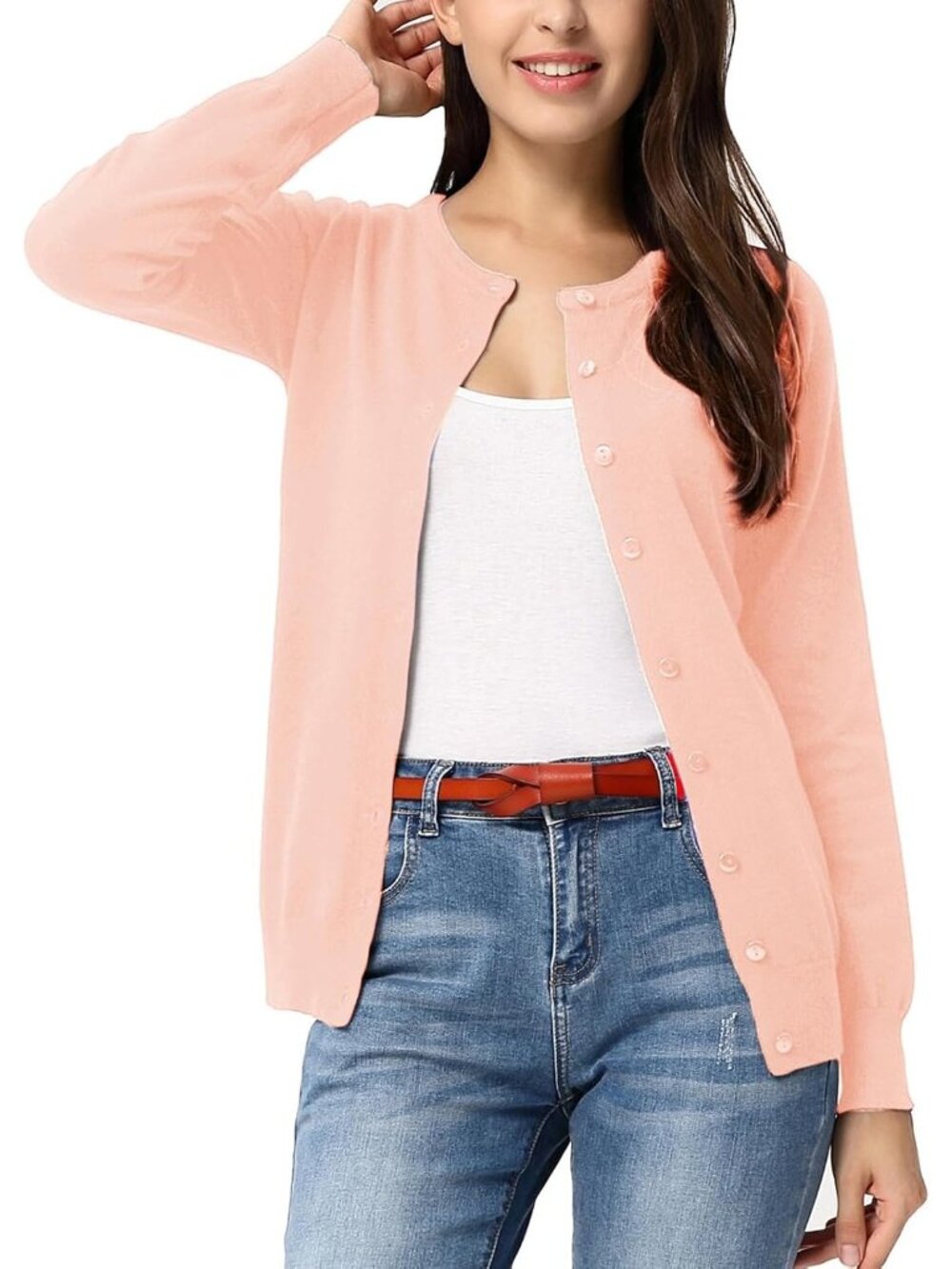 🆕Women's Light Pink 1 Crew-neck Knit Cardigan Sweater Lightweight Button Up
